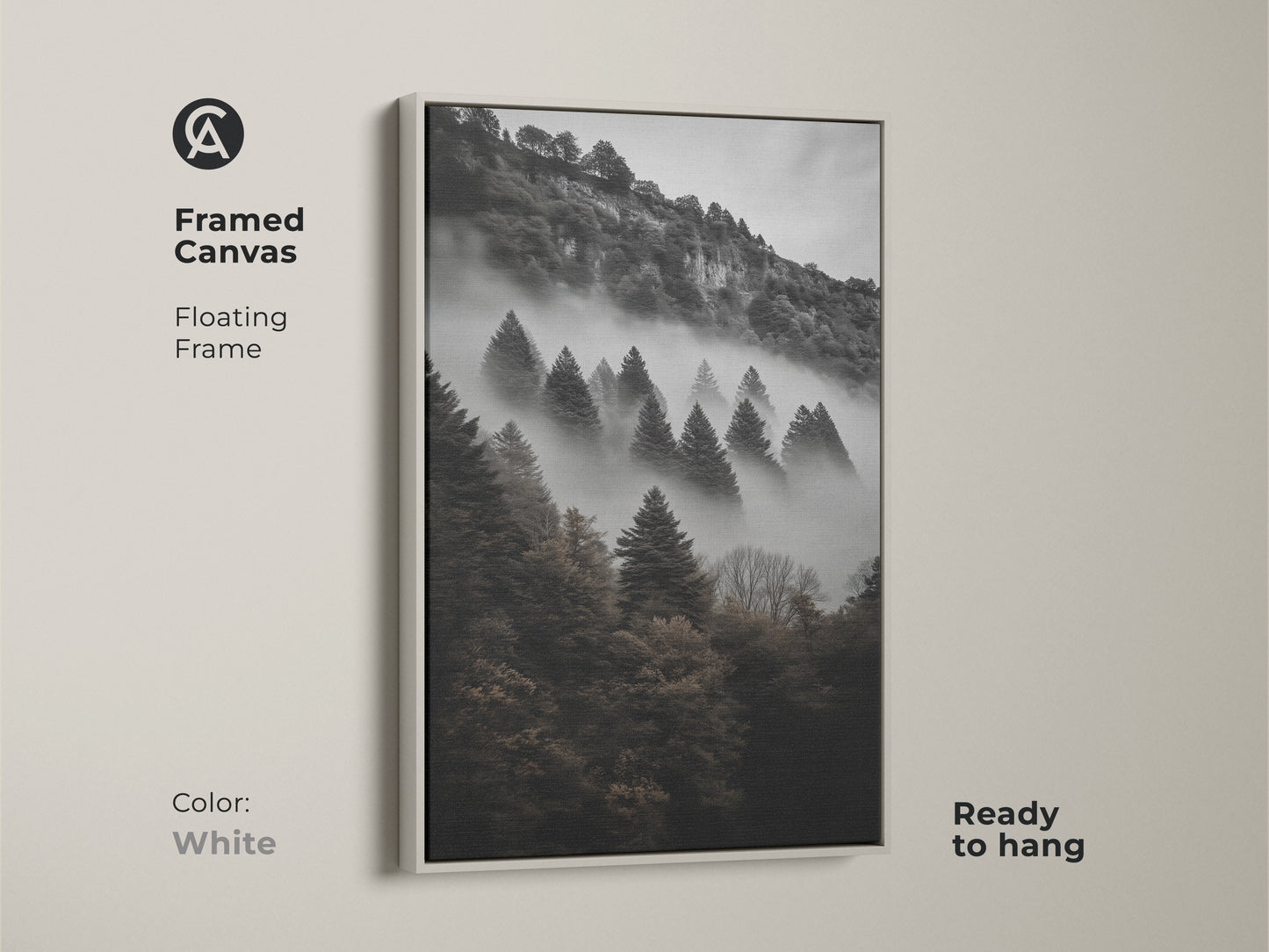 White framed canvas featuring a dark green forest. Floating frame monochrome mountain wall art. Pine trees in a foggy landscape provide a minimalist aesthetic. Ready to hang modern nature art. This alpine forest wall art is a serene addition to any room.