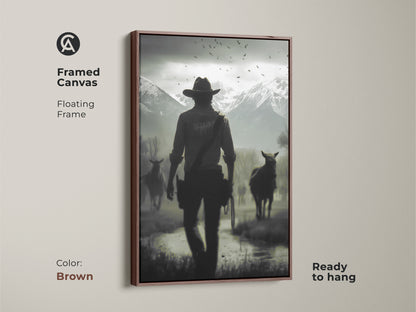 Framed canvas featuring a cowboy and horses in a rustic western landscape. The brown floating frame enhances the monochrome horse art perfect for a study room. Ready to hang this horse and rider wall art adds a cinematic feel. This black and white artwork makes a great gift for him or western ranch decor.