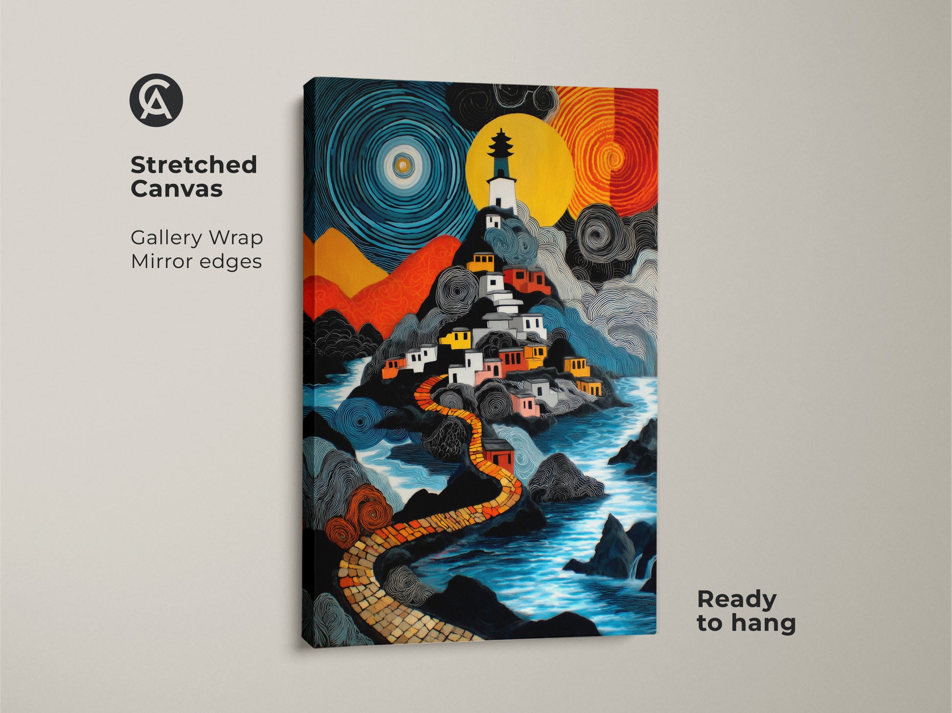 This is a stretched canvas gallery wrap print of a naive art lighthouse village. It features a fantasy landscape in blue yellow and orange colors. The artwork is ready to hang and perfect as eclectic travel decor. The print showcases a colorful naive painting.