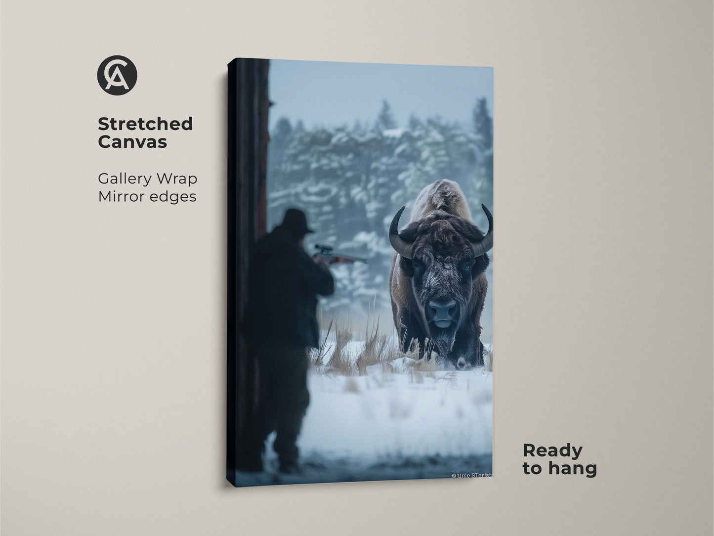 Stretched canvas print of a hunter aiming at a bison. This gallery wrap with mirror edges offers a modern touch. Ready to hang this canvas art is perfect for any room. This artwork captures the essence of wildlife. Enhance your home decor with this unique bison art.