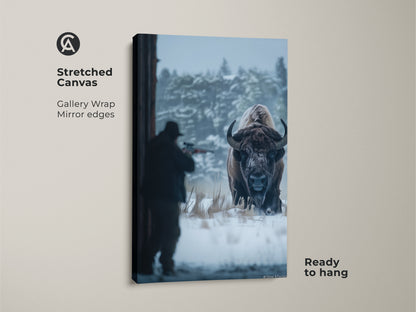 Stretched canvas print of a hunter aiming at a bison. This gallery wrap with mirror edges offers a modern touch. Ready to hang this canvas art is perfect for any room. This artwork captures the essence of wildlife. Enhance your home decor with this unique bison art.