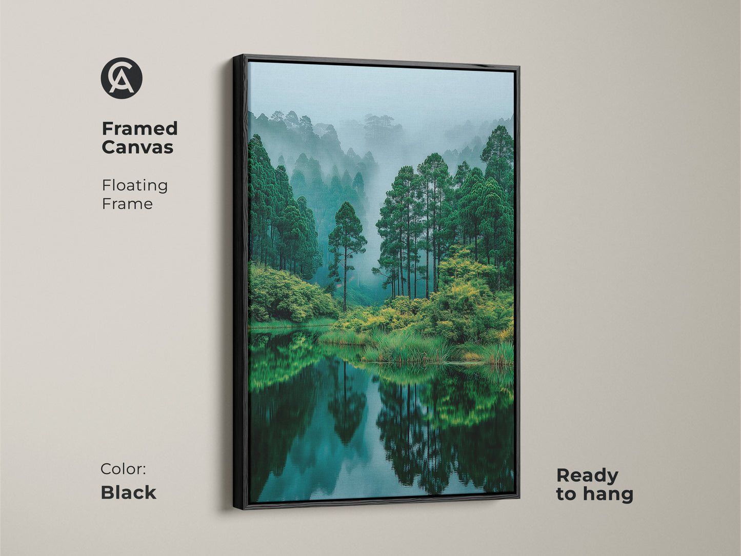 Black framed canvas art displaying a misty forest lake. The floating frame enhances the depth of the artwork. This ready-to-hang piece adds a modern touch with natural beauty to your home decor.