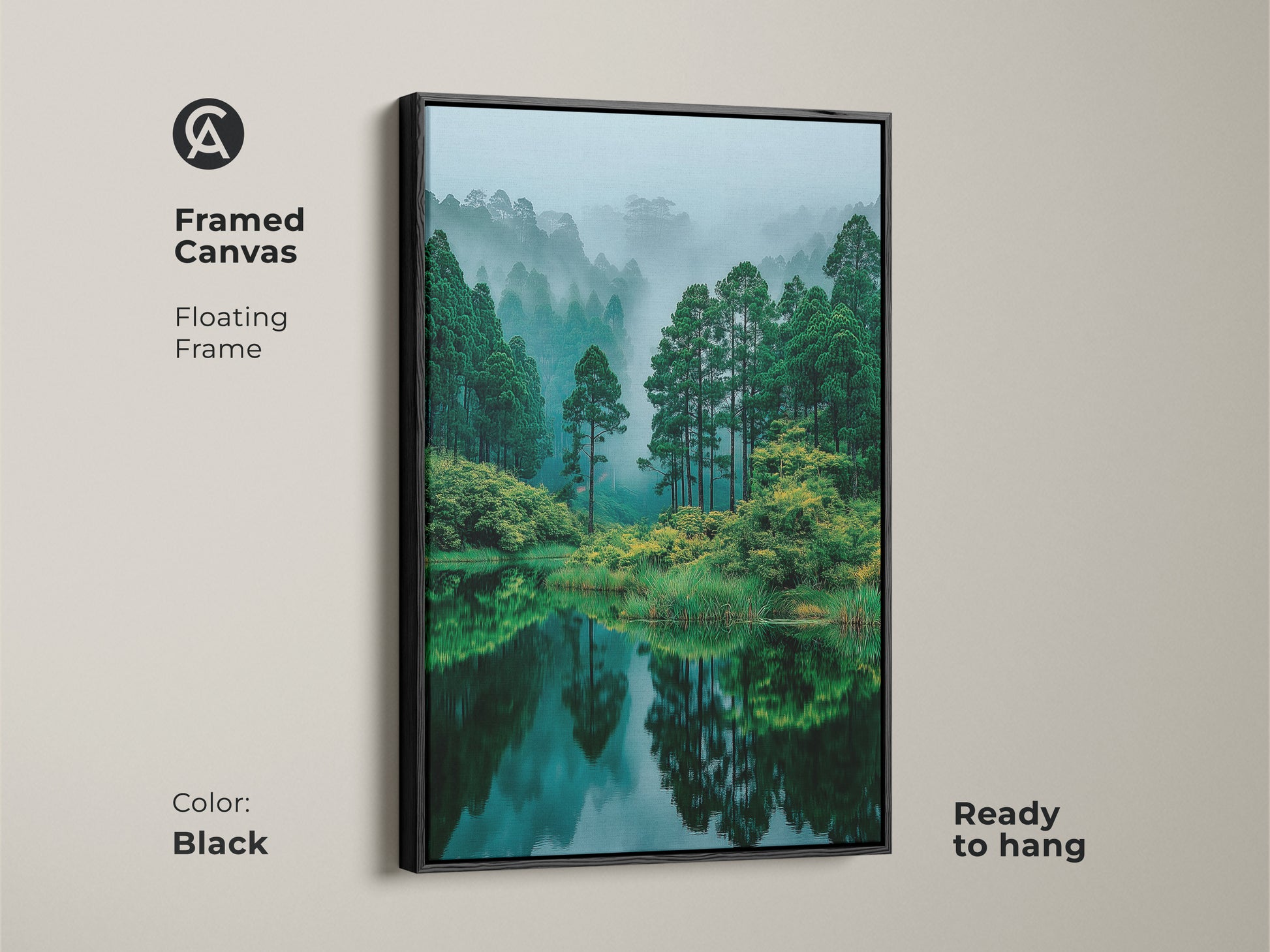 Black framed canvas art displaying a misty forest lake. The floating frame enhances the depth of the artwork. This ready-to-hang piece adds a modern touch with natural beauty to your home decor.