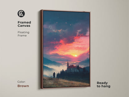 Elevate your decor with this framed canvas artwork featuring a sunset landscape. The brown floating frame adds warmth. The art is ready to hang. The image captures a peaceful scene with a lake church and a solitary man enjoying the view.