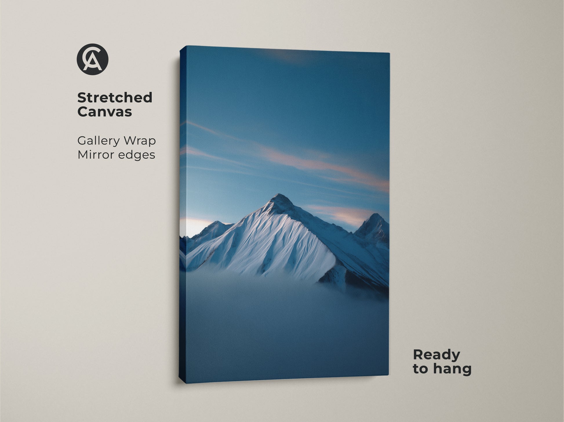 Stretched canvas featuring a Snowy Mountain Landscape. The deep blue landscape print is a minimalist nature artwork ready to hang. Perfect modern decor for an office or bedroom.