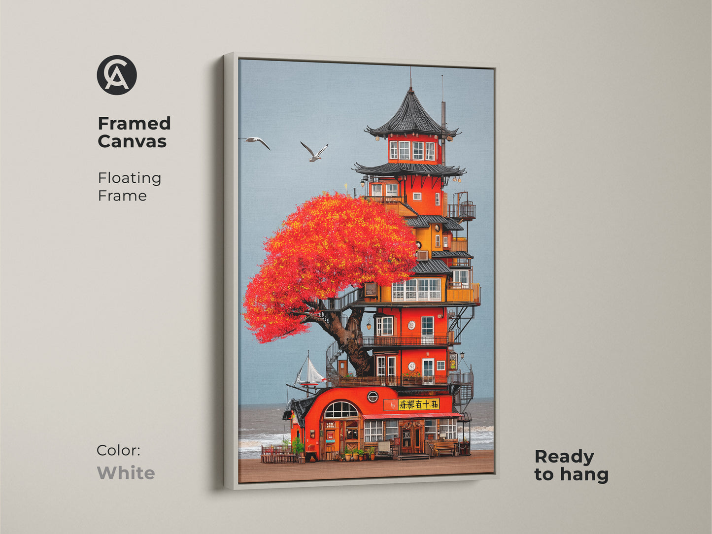 Explore print presentation options for Japanese Pagoda artwork. See choices like poster prints stretched canvas art and framed canvas art. Enhance your boho beach home decor with this unique travel-themed art.