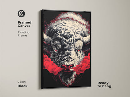 Framed canvas with a floating frame displays a buffalo artwork. The black frame complements the art's black background. The red accents bring the buffalo to life. This ready-to-hang piece adds sophistication to your space. Ideal for modern art lovers.