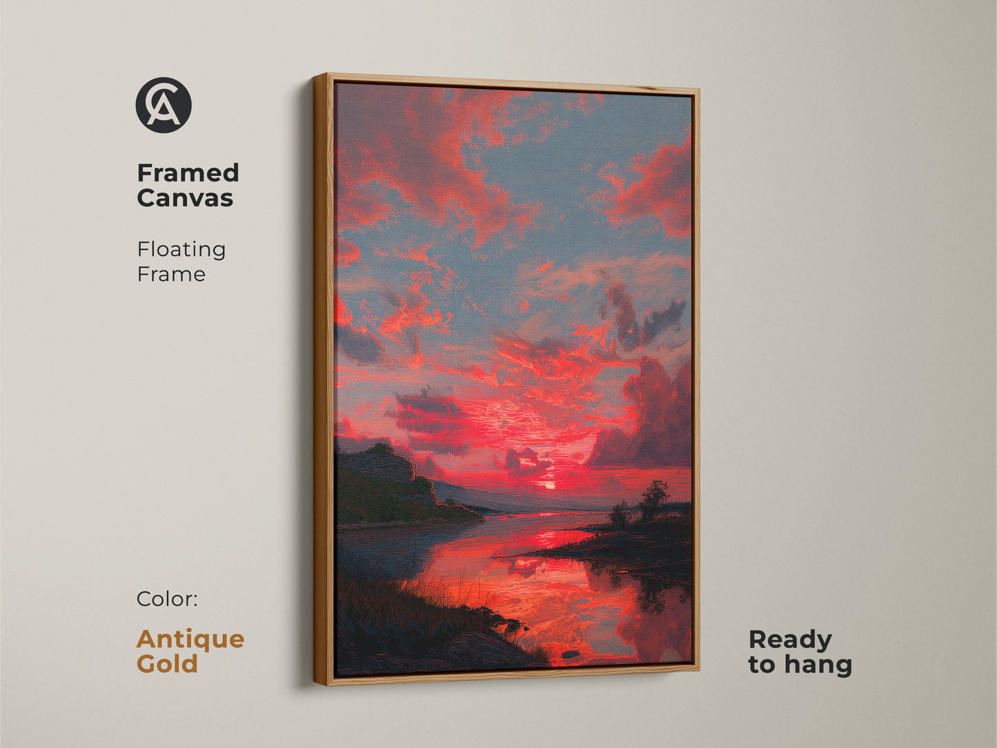 Bring a touch of glamour with this framed Crimson Sunset canvas art. The antique gold floating frame enhances the contemporary nature wall decor. The red sky landscape print adds a dramatic touch to any room. A perfect housewarming gift for those who love bold color artwork.