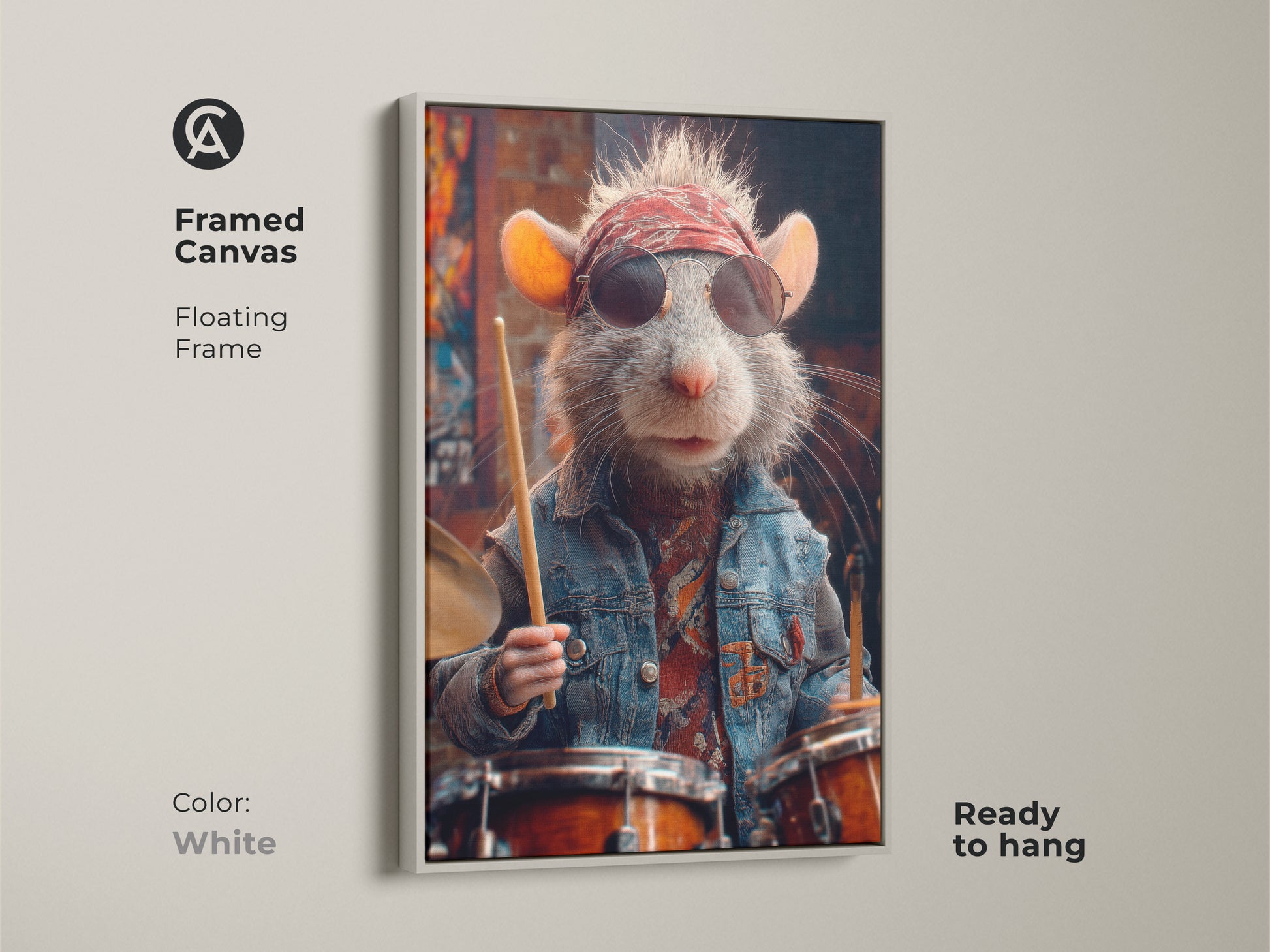Framed canvas of rat drummer artwork with a white floating frame. Eclectic art for your man cave or rock and roll decor. Ready to hang vintage punk art. Great gift for music lovers or a birthday gift for musicians. Alternative music decor.