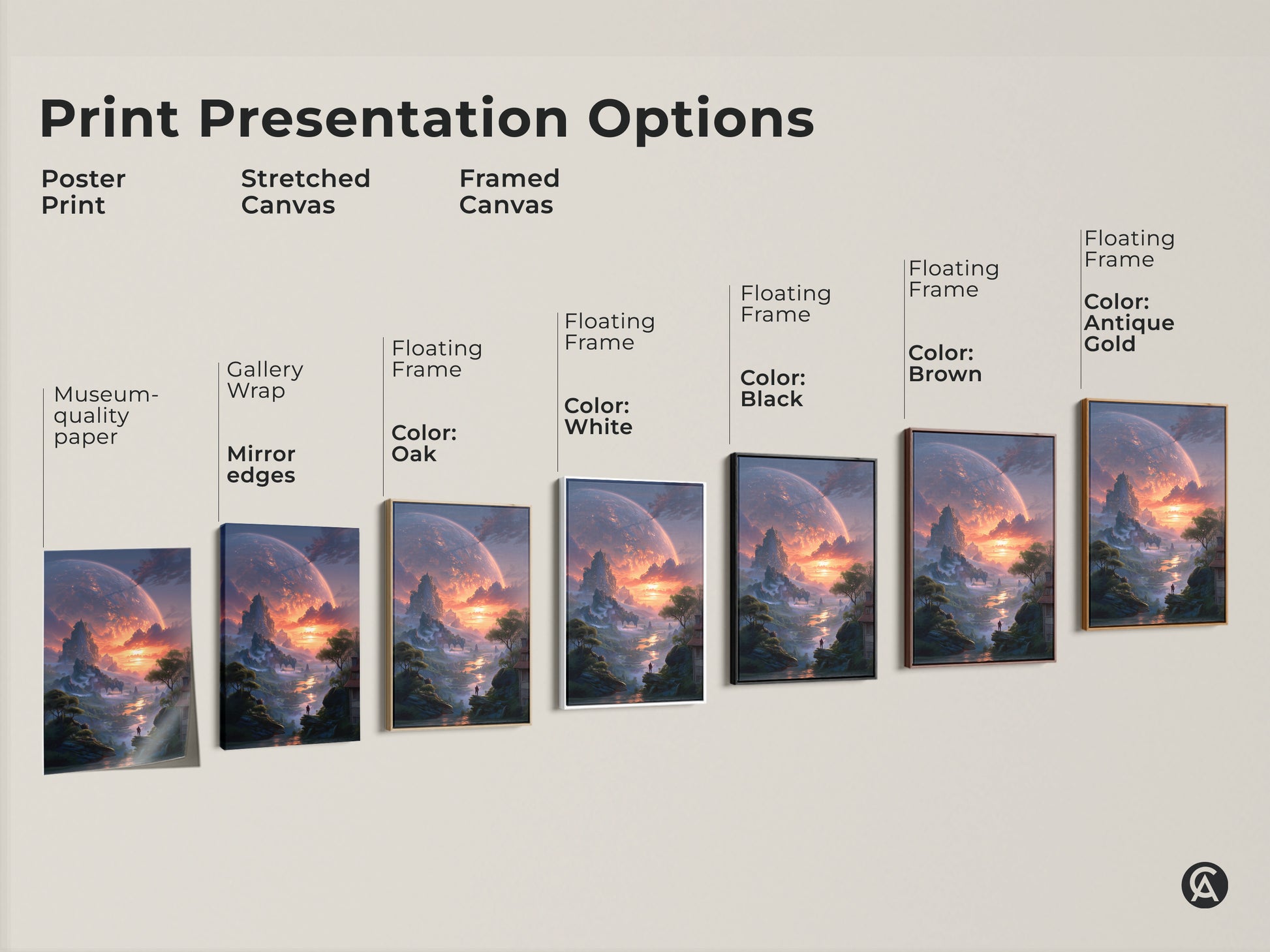 Explore print presentation options for your next wall art. Choose from poster prints stretched canvases and framed art. Each option beautifully displays the sci-fi alien planet landscape art. Find the perfect style to enhance your home office gaming room or living space.