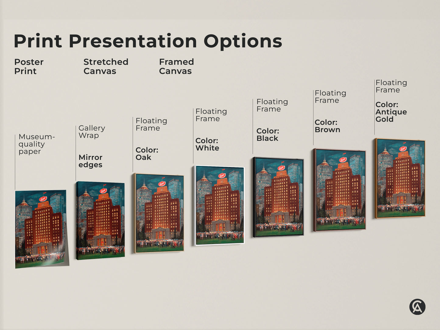 Print presentation options showcasing a cityscape art print in various formats. Choose from poster stretched or framed canvas. Options include black brown antique gold and oak frames to match your style and enhance your space.