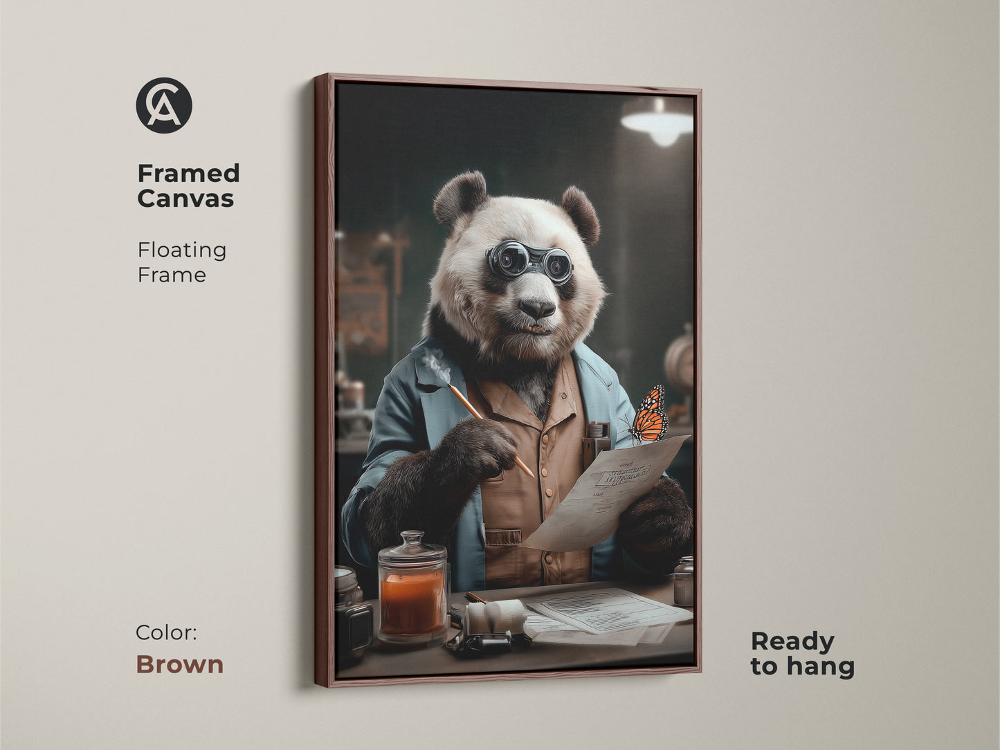 Framed canvas print in a floating brown frame. The artwork shows a panda dressed as a scientist with spectacles. This panda scientist wall art is ready to hang. It makes for eclectic animal wall decor or a unique gift for animal lovers.