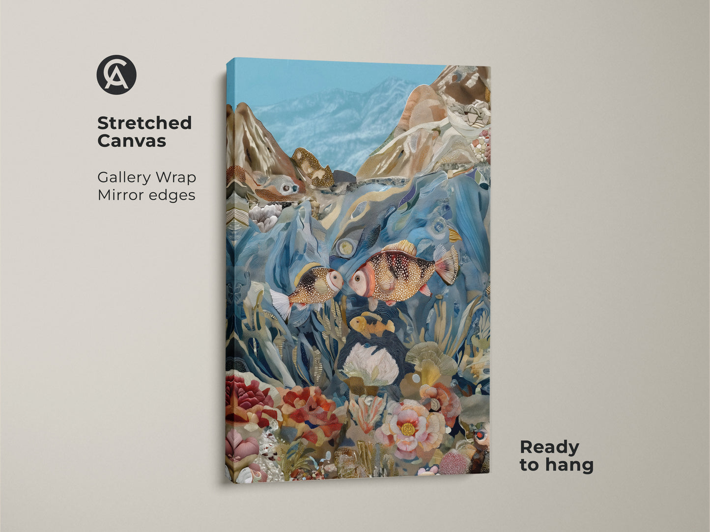 Eclectic underwater collage art print with a brown floating frame. The ocean scene decor features fish and coral reef. This vibrant art piece is ready to hang.