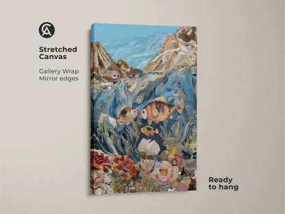 Eclectic underwater collage art print with a brown floating frame. The ocean scene decor features fish and coral reef. This vibrant art piece is ready to hang.