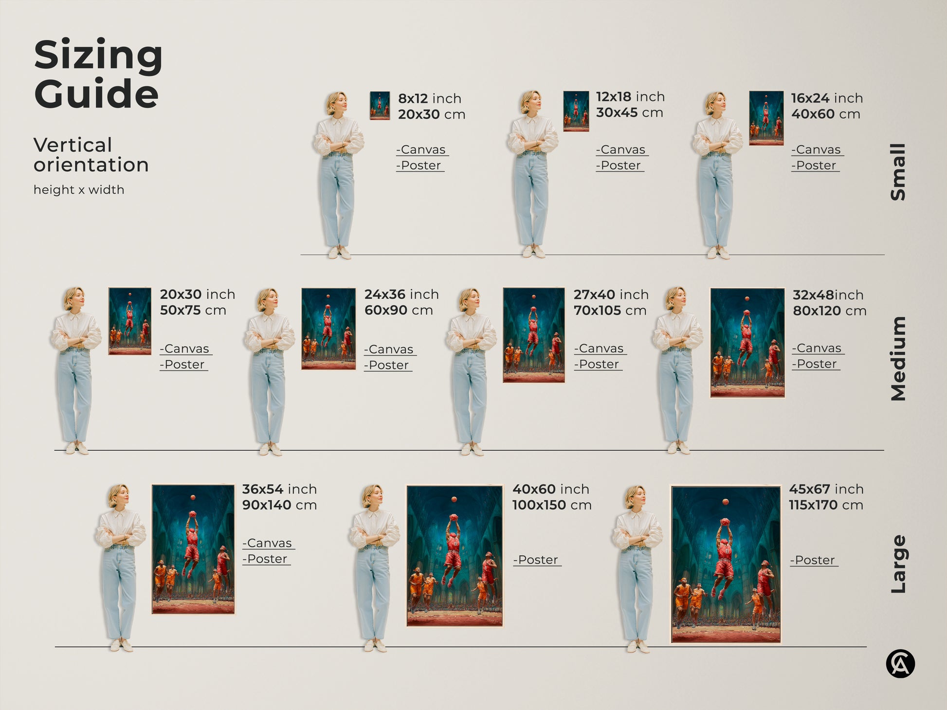 Visualize vertical sizing for basketball dunk cathedral art prints. Available as canvas or poster in sizes from small to large. This sizing guide helps you choose the perfect fit for your teen room decor or man cave wall art.