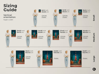 Visualize vertical sizing for basketball dunk cathedral art prints. Available as canvas or poster in sizes from small to large. This sizing guide helps you choose the perfect fit for your teen room decor or man cave wall art.