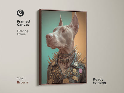 Framed canvas of a Doberman dog in a studded leather jacket presented in an antique gold floating frame. This alternative wall hanging adds an eclectic touch to any room. The art is a unique gift for a dog lover or a birthday gift for punk fan. This rock music inspired decor is ready to display.