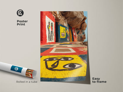 View our striking outsider art wall art as a poster print. This rolled canvas arrives easy to frame. The art brut figurative print features yellow red blue artwork. It brings eclectic home decor to your space. A unique addition to any art collection.