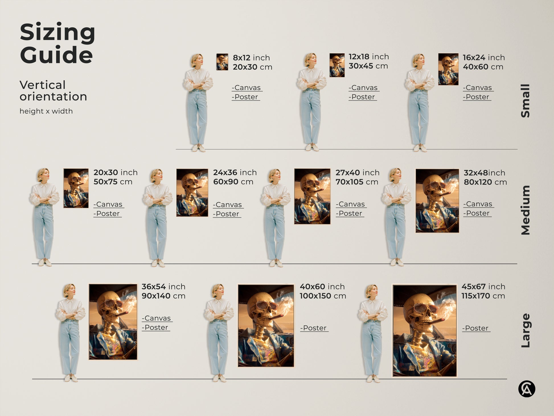 Sizing guide for skeleton driving a car artwork in vertical orientation. Available in various sizes from small to large. Options include canvas and poster prints. Find the perfect size to fit your space. Enhance your home decor with this unique art.