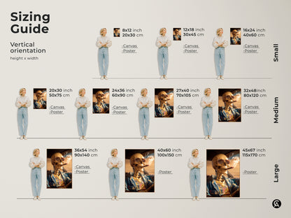 Sizing guide for skeleton driving a car artwork in vertical orientation. Available in various sizes from small to large. Options include canvas and poster prints. Find the perfect size to fit your space. Enhance your home decor with this unique art.