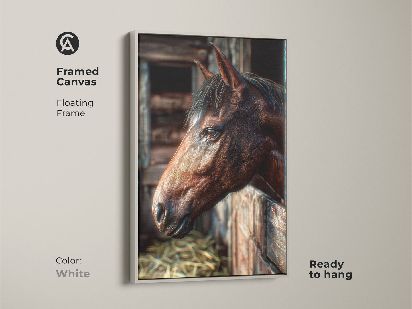 Framed canvas art presenting a horse in a wooden stable. The floating frame is white creating a clean look. This ready-to-hang horse artwork enhances your home with its natural beauty.