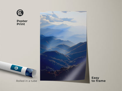Poster print of a deep blue mountain range rolled in a tube. This atmospheric landscape wall art is easy to frame. The serene valley artwork is perfect for modern home decor. Ideal for adding a nature scenic view to any room. A great gift for outdoor enthusiasts.