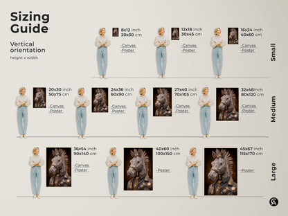 Visualize the Tattooed Horse art in various sizes with this sizing guide. Available as canvas or poster prints. This vertical orientation guide helps you choose the perfect dimensions for your space. Whether its 8x12 or 45x67 inches find the ideal fit. Transform your wall with this unique Steampunk animal artwork.