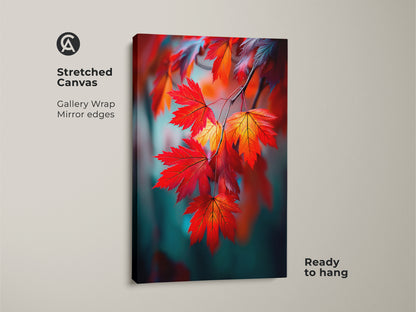 Stretched canvas print of maple leaves. The gallery wrapped canvas features mirrored edges. This autumn leaves artwork is ready to hang. Perfect for adding a touch of fall to your home decor.