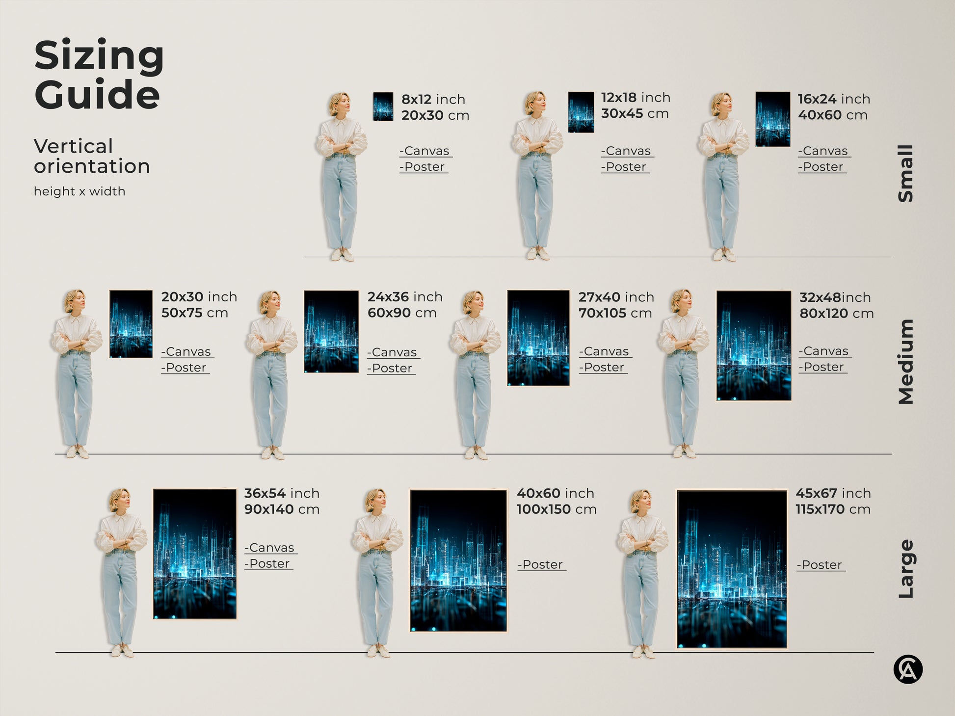 Sizing guide for vertical digital city art. The art is available in multiple sizes. It comes as a canvas or poster. Choose from small medium and large sizes for your wall decor.