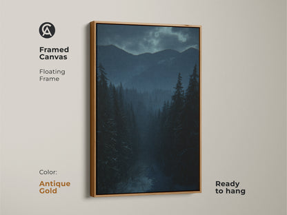 Framed canvas featuring deep blue forest artwork. Antique gold floating frame adds elegance to the rustic winter landscape. This teal pine tree artwork is ready to hang. Great for dark blue home decor.