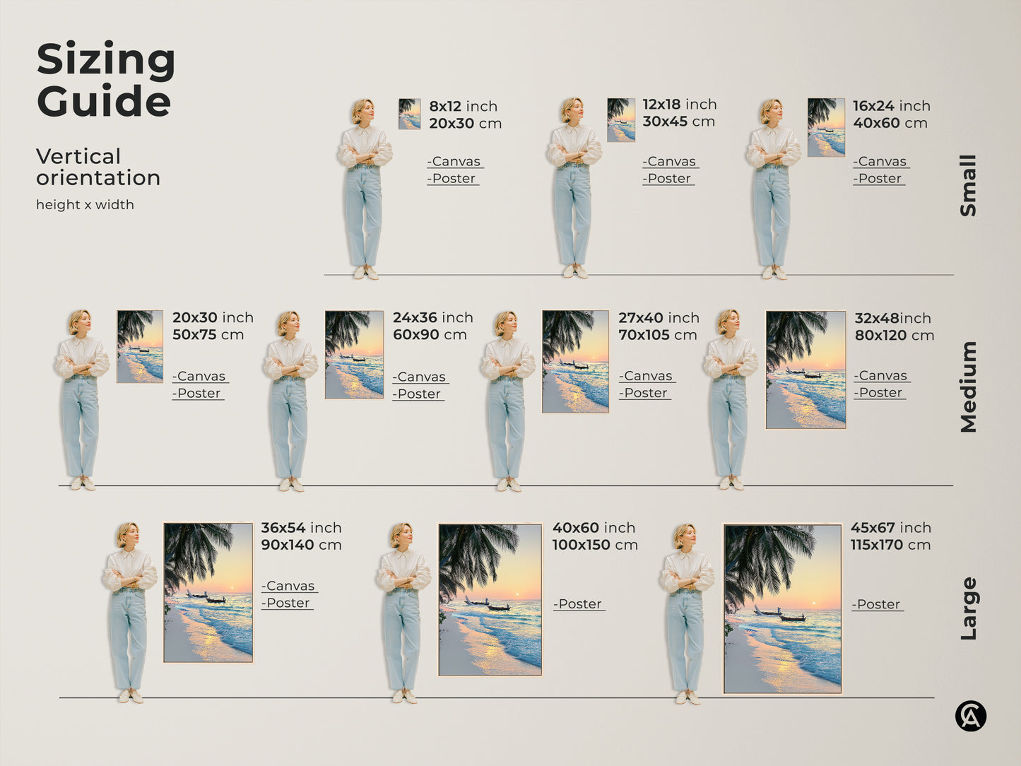 Sizing guide for the tropical beach sunrise canvas. See how the artwork fits various spaces from small to large. Perfect for adding a coastal touch to any room.