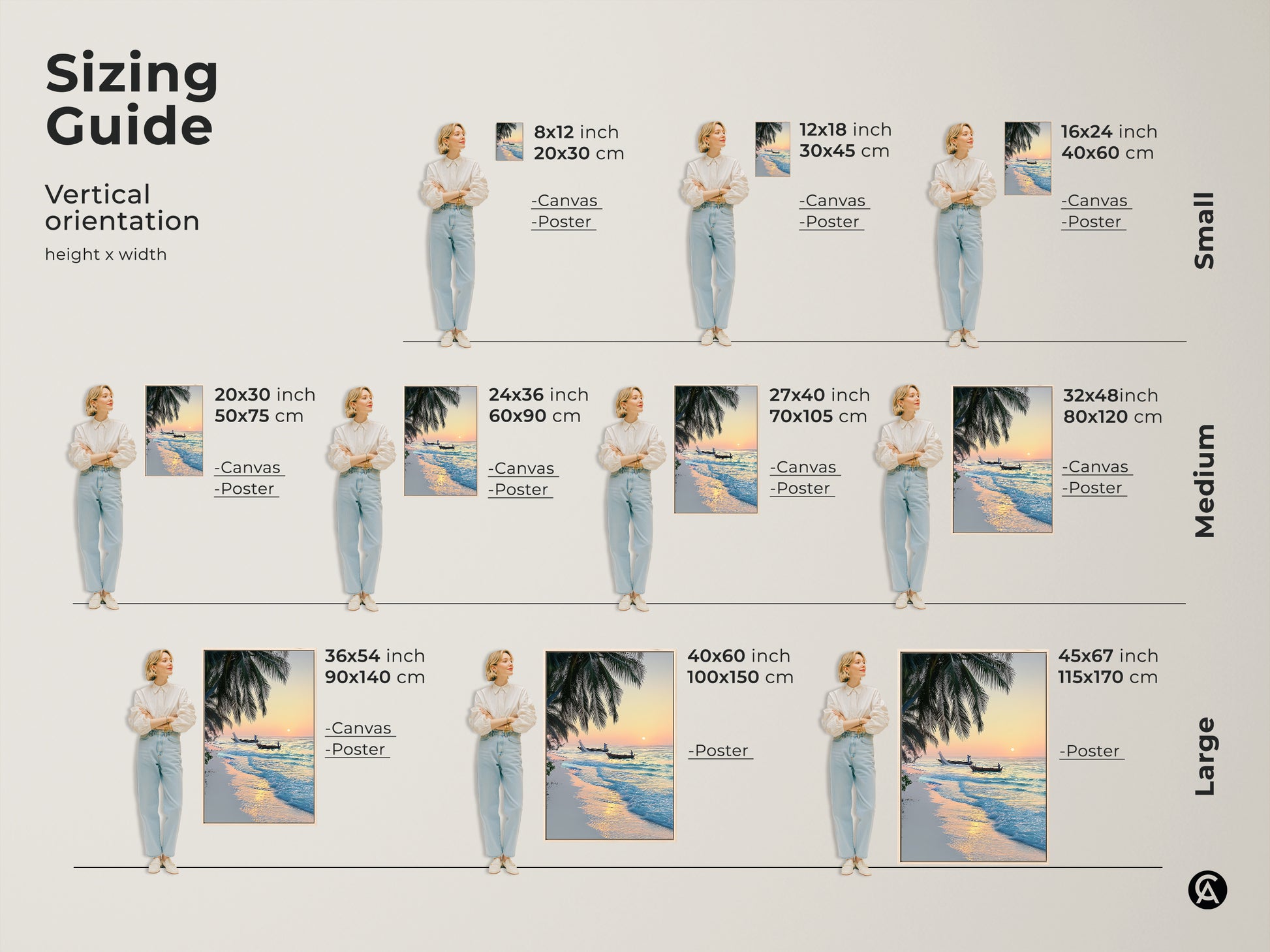 Sizing guide for the tropical beach sunrise canvas. See how the artwork fits various spaces from small to large. Perfect for adding a coastal touch to any room.