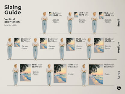 Sizing guide for the tropical beach sunrise canvas. See how the artwork fits various spaces from small to large. Perfect for adding a coastal touch to any room.