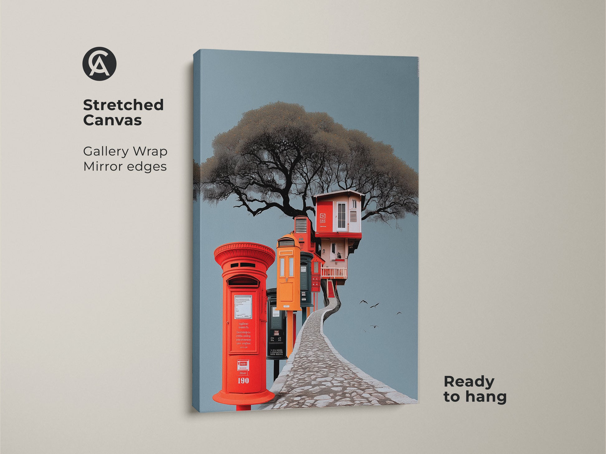 Stretched canvas surreal architecture art print. Gallery wrapped with mirror edges. Eclectic treehouse and post box artwork adds a unique vibe. Ready to hang and perfect for travel enthusiasts. The gray blue and red orange art complements any decor.