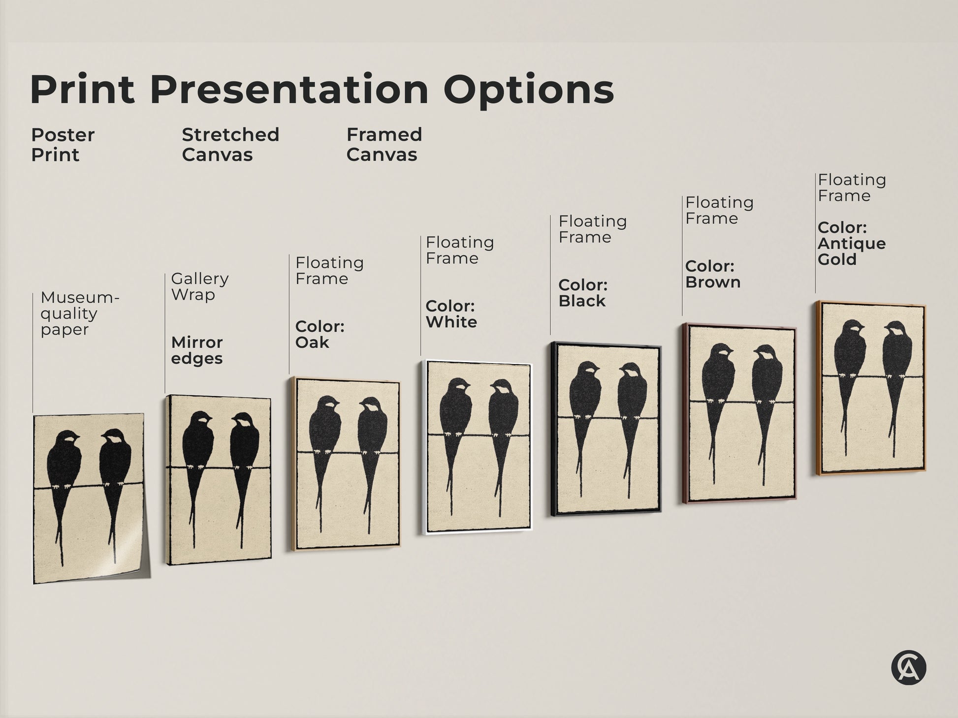 Explore various print presentation options for minimalist bird artwork. See poster prints stretched canvas and framed canvas examples. The black cream art print suits modern scandi bird decor. Find the perfect contemporary abstract art. Ideal for minimalist animal art lovers.