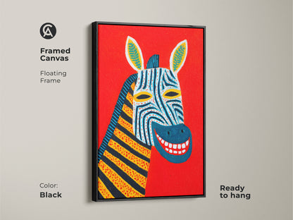 A framed canvas in black displaying a vibrant modern folk art zebra portrait against a red backdrop. This ready-to-hang animal artwork adds an eclectic touch. A perfect statement piece for any living room or bedroom space.