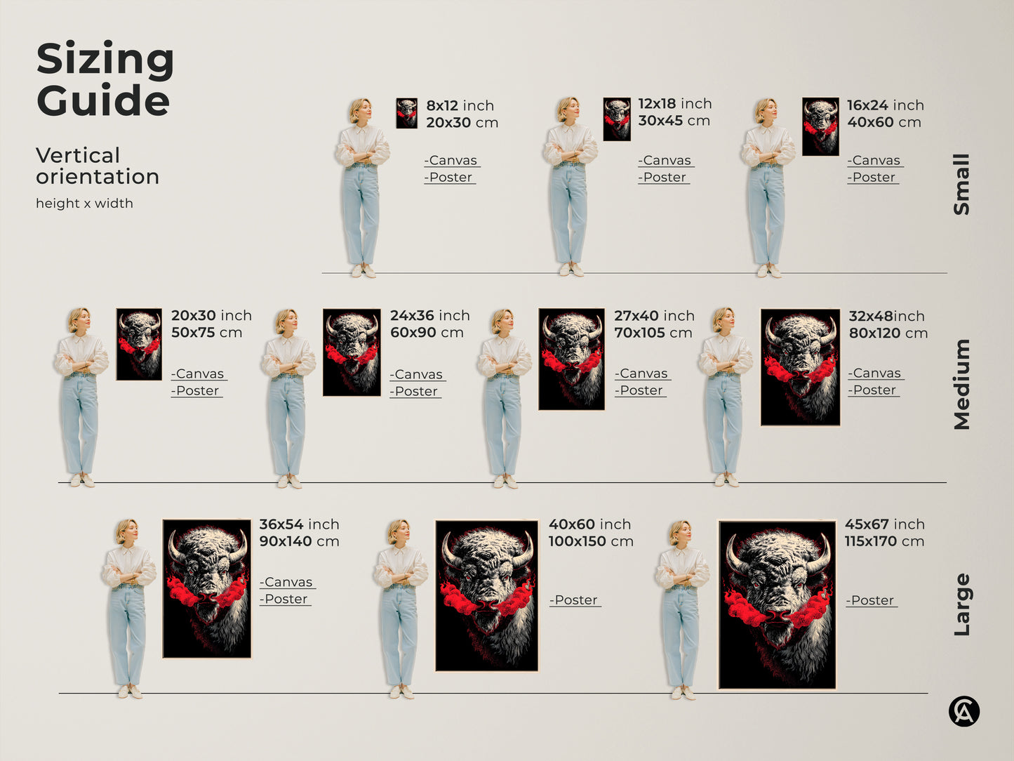 Sizing guide for buffalo artwork in vertical orientation. Sizes range from small to large. Examples shown with models for scale. Available as canvas or poster prints. Find the perfect size to buy online for your space today.