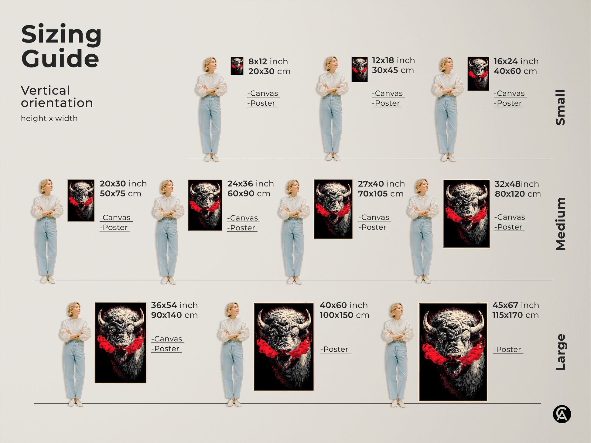 Sizing guide for buffalo artwork in vertical orientation. Sizes range from small to large. Examples shown with models for scale. Available as canvas or poster prints. Find the perfect size to buy online for your space today.