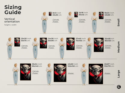 Sizing guide for buffalo artwork in vertical orientation. Sizes range from small to large. Examples shown with models for scale. Available as canvas or poster prints. Find the perfect size to buy online for your space today.