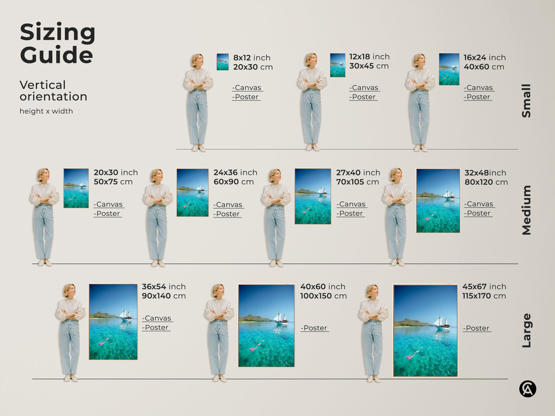 Explore sizing options for the coastal sailboat artwork. Vertical orientation choices include canvas and poster prints. Medium and large sizes available to fit your space for this turquoise ocean theme.