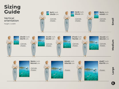 Explore sizing options for the coastal sailboat artwork. Vertical orientation choices include canvas and poster prints. Medium and large sizes available to fit your space for this turquoise ocean theme.