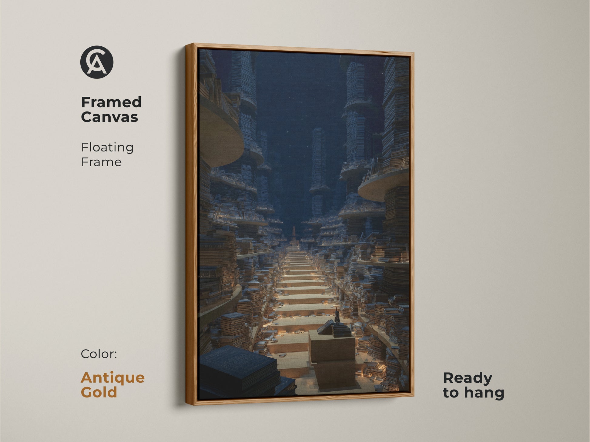 Framed canvas with a floating frame featuring surreal library wall decor. The antique gold frame enhances the blue and gold tones of the fantasy architecture print. Perfect for a study or office. This endless bookshelf art is a unique gift.