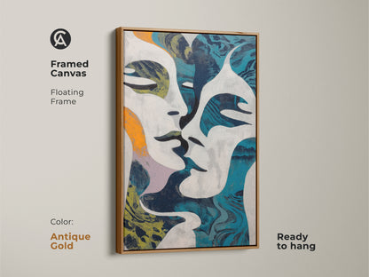 Abstract face print in a modern style. This navy blue abstract art features intertwined figures. This contemporary wall decor adds an eclectic touch. Perfect as modern bedroom print or a unique wall art piece. It is a gift for art collectors.