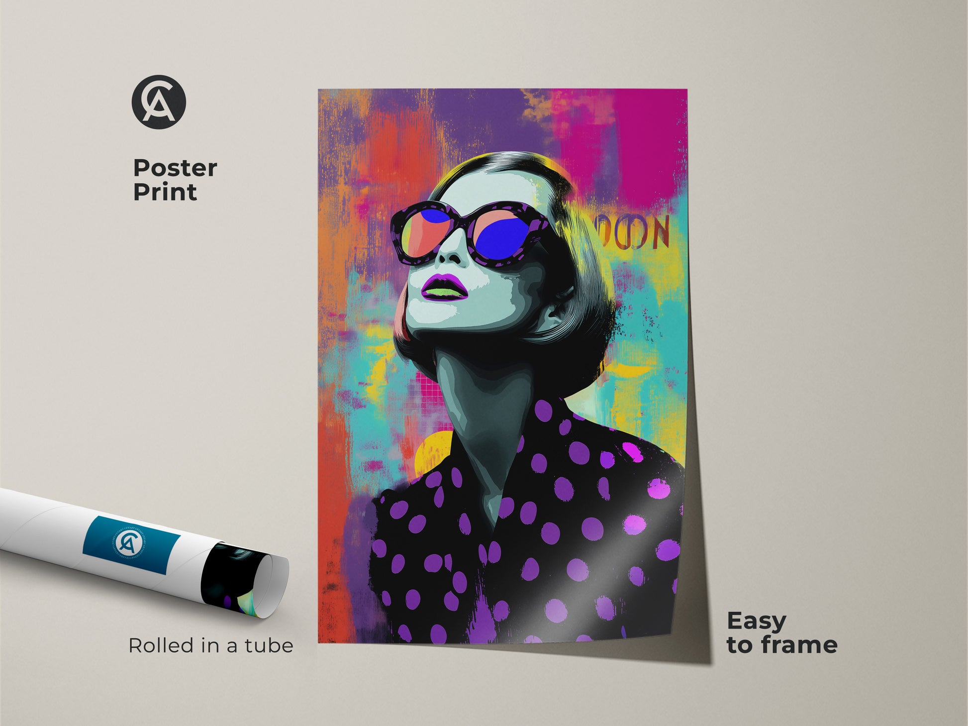 Poster print of a Pop Art woman rolled in a tube. This colorful abstract fashion art is easy to frame. Showcasing purple pink and teal tones it’s a trendy home decor choice.