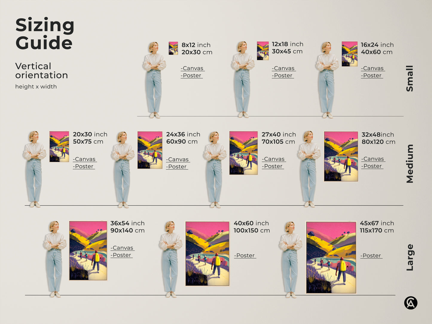 Sizing guide for vertical orientation mountain landscape artwork. Art is available as canvas or poster in sizes from small to large. A perfect adventure travel print for adding scenic nature decor to your home. Choose the ideal size for your living room bedroom or home office. A great gift for outdoor enthusiasts.