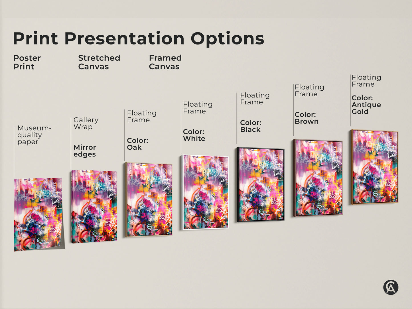 Explore print presentation options for abstract artwork. Choose from poster prints stretched canvas and framed canvas. Various floating frame colors available include white black brown and antique gold. Museum-quality edges are also available.