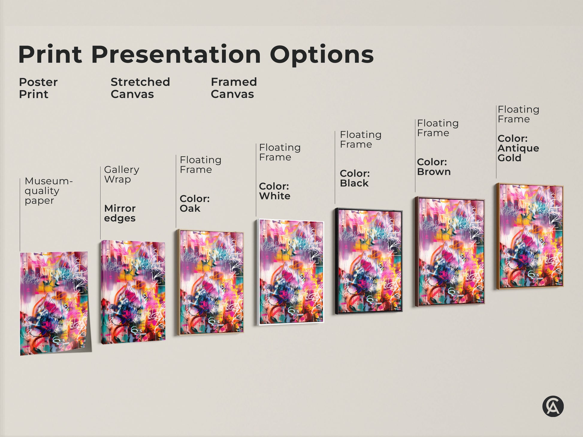 Explore print presentation options for abstract artwork. Choose from poster prints stretched canvas and framed canvas. Various floating frame colors available include white black brown and antique gold. Museum-quality edges are also available.