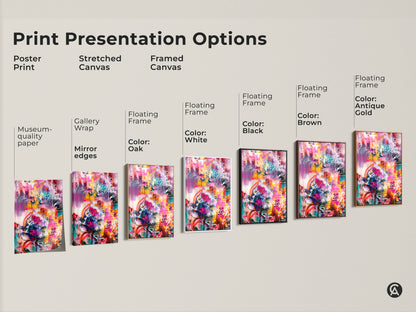 Explore print presentation options for abstract artwork. Choose from poster prints stretched canvas and framed canvas. Various floating frame colors available include white black brown and antique gold. Museum-quality edges are also available.