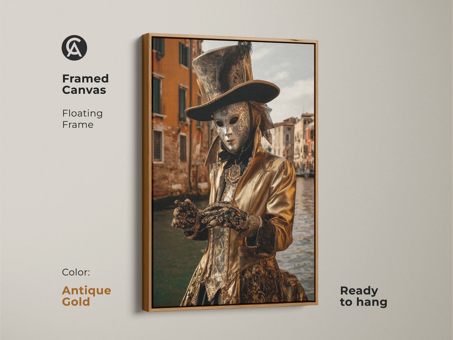 This antique gold framed canvas displays a gold theatrical costume and ornate Venetian mask. It is perfect for eclectic rooms. This Venice Carnival art offers a unique travel gift idea. It adds luxury and culture.