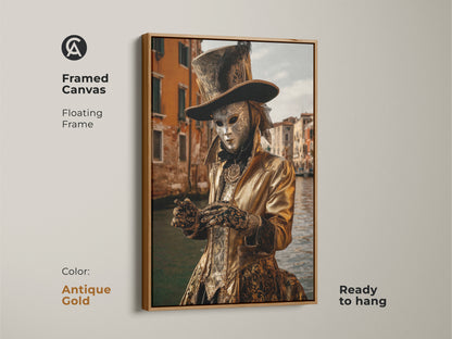 This antique gold framed canvas displays a gold theatrical costume and ornate Venetian mask. It is perfect for eclectic rooms. This Venice Carnival art offers a unique travel gift idea. It adds luxury and culture.
